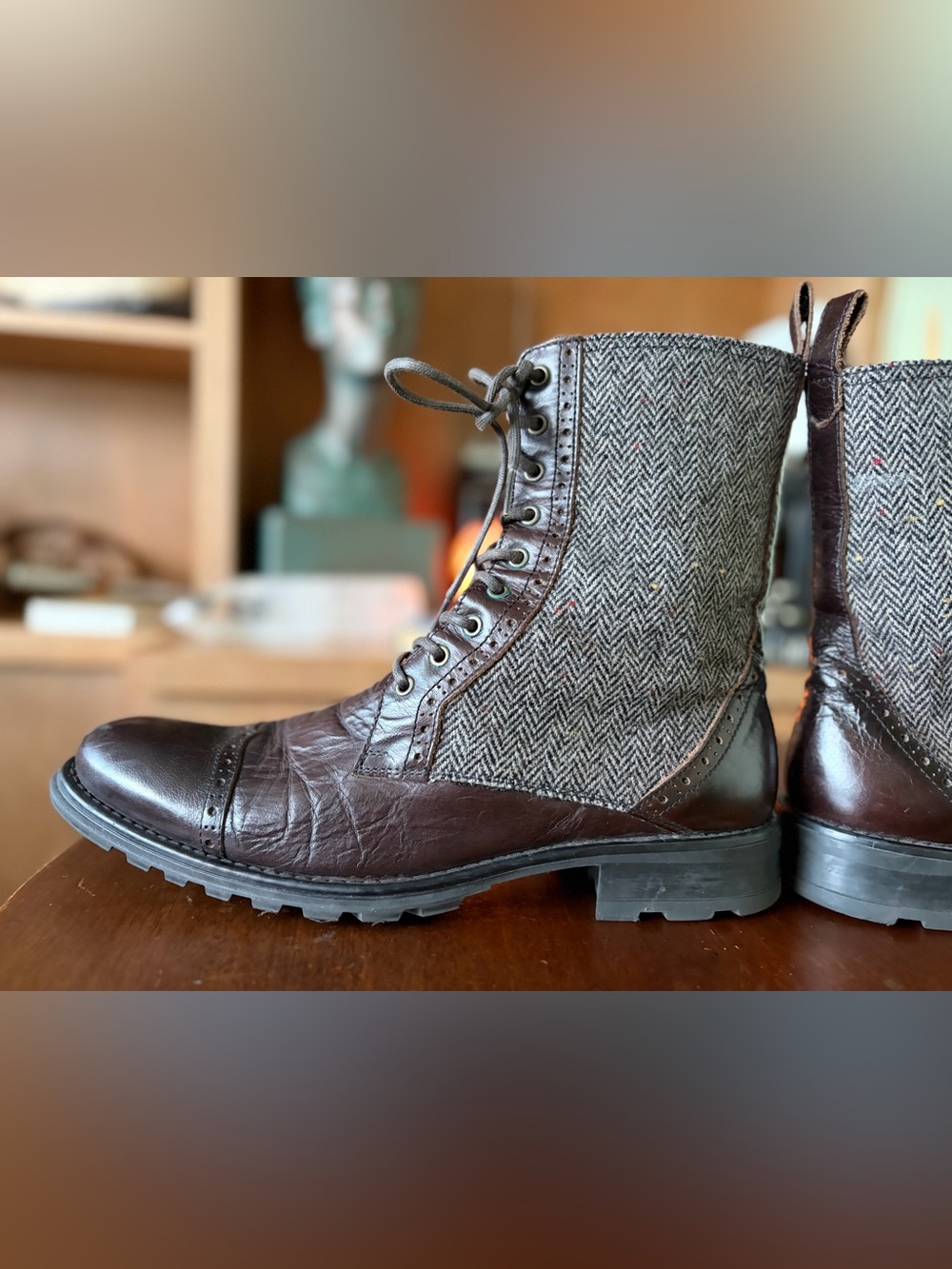 Gean Giovanni Men's Tweed Brown Leather & Gray Herringbone Lace-Up Boots Size 13